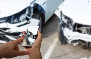 man photographing his vehicle with damages for accident insurance with smart phone